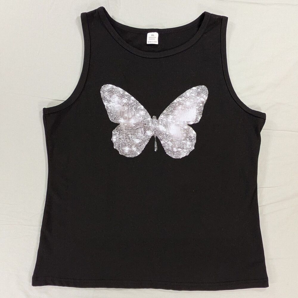 Butterfly Graphic Black Tank Size XL Wonderful Pre-Owned Condition